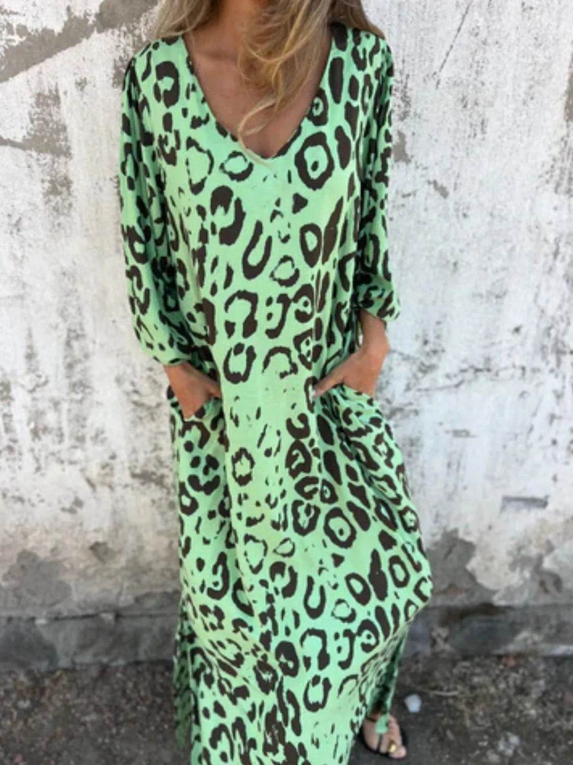Full Size Printed V-Neck Dress with Pockets Plus Size - Store 42