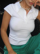 Trendy Solid Color Cap Sleeve Polo Shirt - Slightly Stretchy, Buttoned Viscose Blend - Store 42