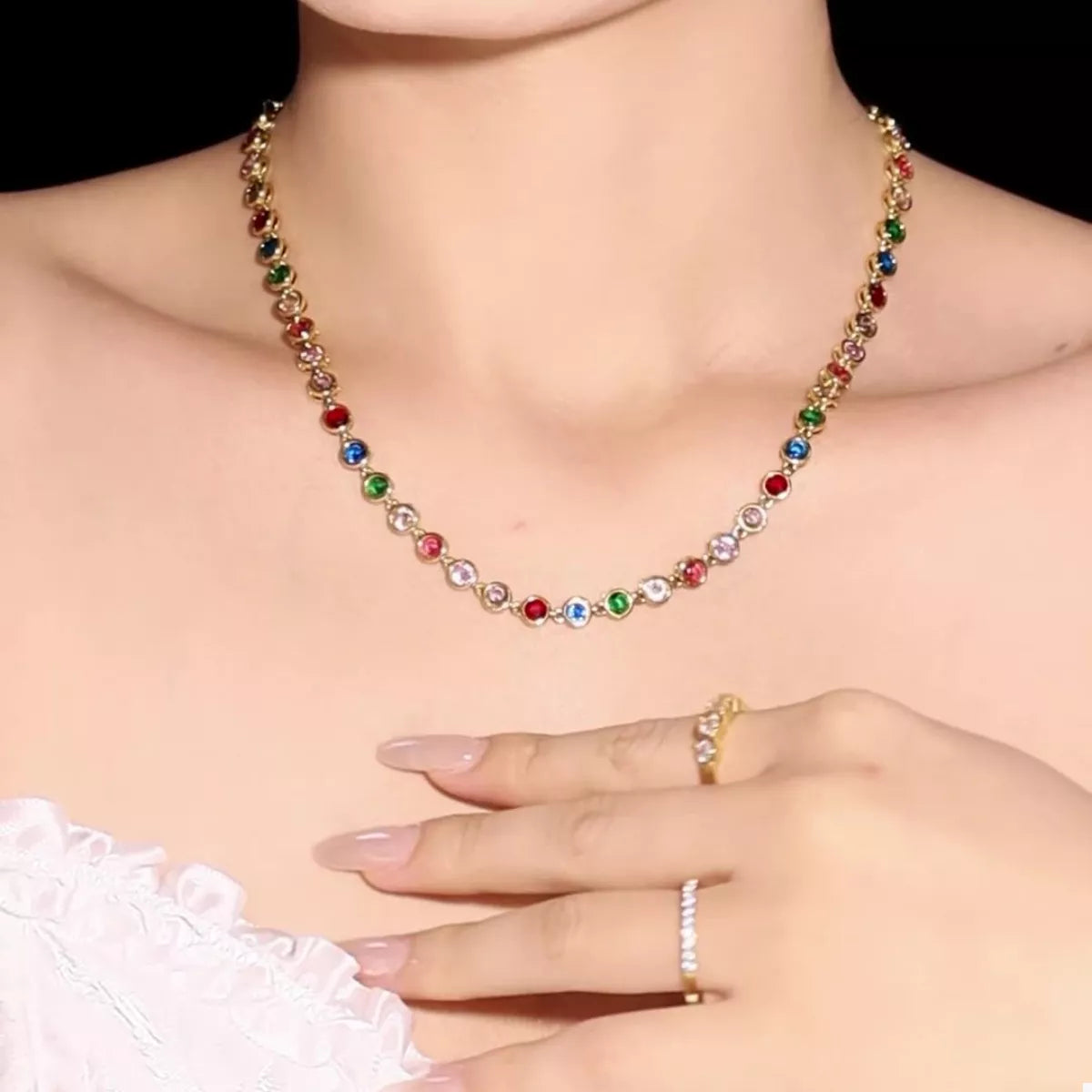 Elegant 18K Gold-Plated Zircon Necklace with Titanium Steel Design - Chain Length 14.2 Inches