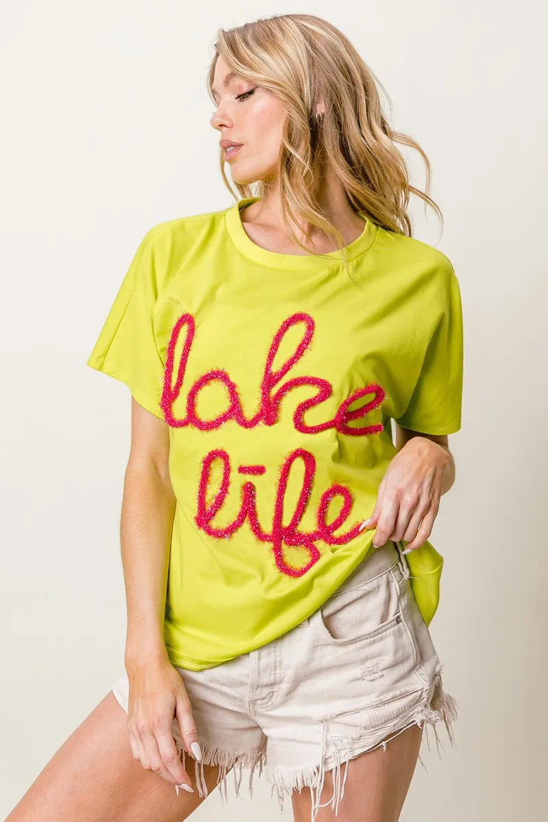 Chic BiBi Metallic Letter Dolman Sleeve Top - Trendy & Relaxed Fit Cotton Shirt