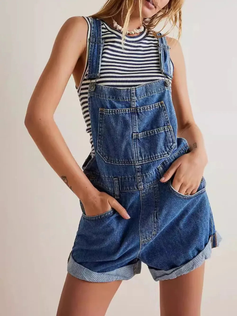 Stylish Wide Strap Square Neck Denim Overalls with Pockets - 65% Cotton, No Stretch