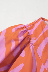 Zebra Stripe Print Ruched Cuff Half Sleeve V Neck Blouse