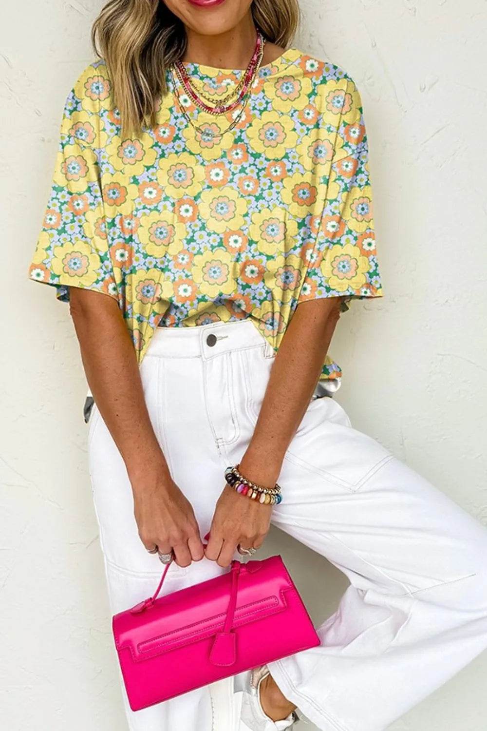 Floral Print Oversized T-Shirt with Round Neck - Soft Stretchy 95% Polyester Blend