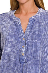 Zenana Washed Double Gauze 3/4 Button Henley Neck Shirt