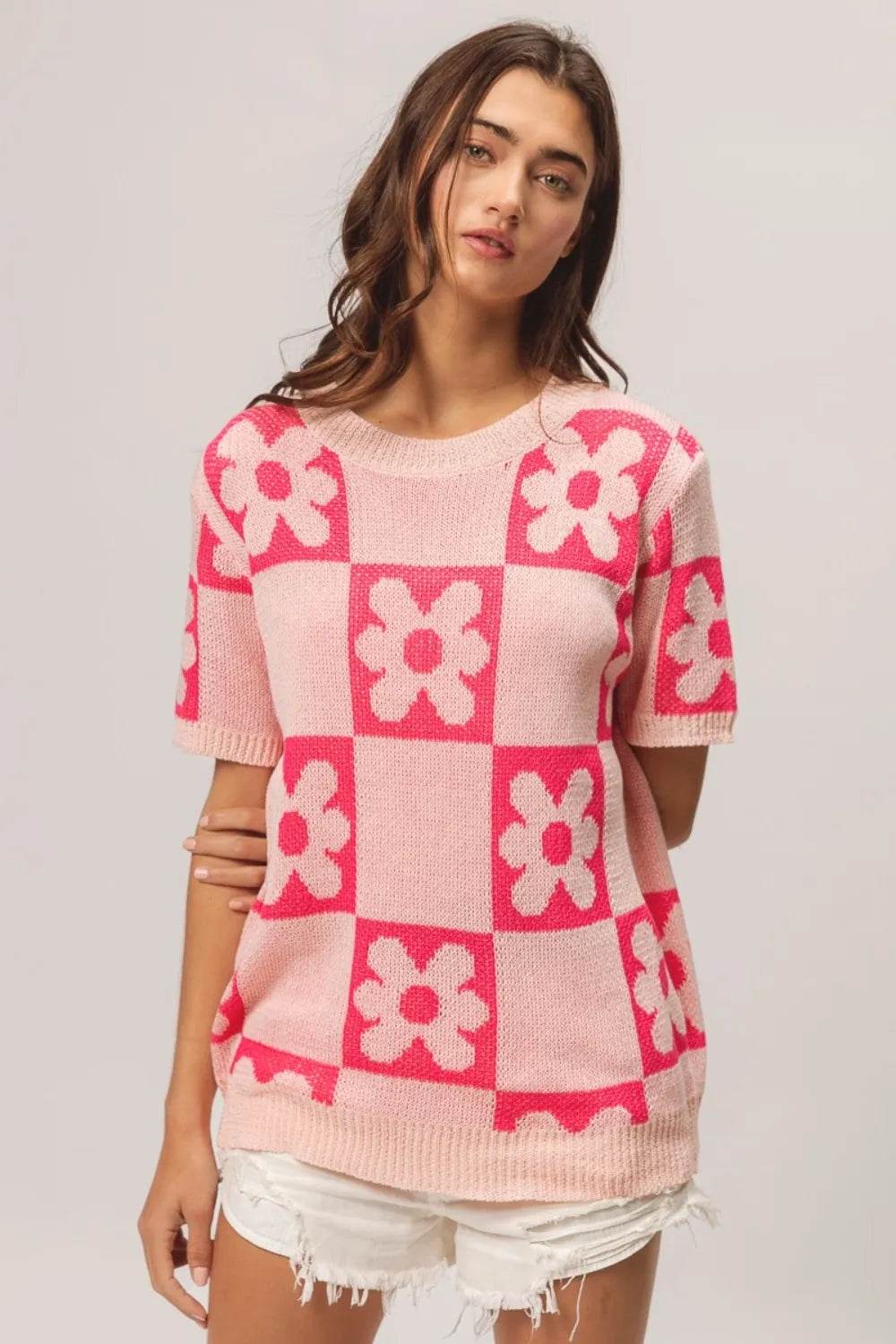 BiBi Floral Checker Pattern Short Sleeve Sweater - Versatile Style with Unique Design - Store 42