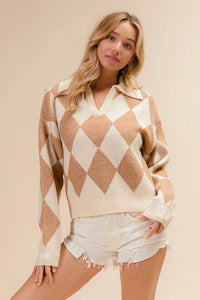 BiBi Diamond Pattern Collared Notch Neck Sweater