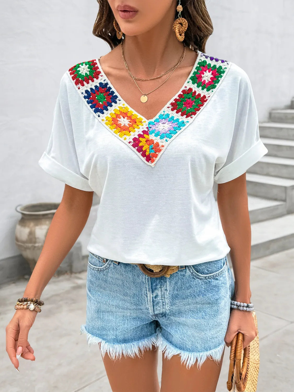 Embroidered Contrast V-Neck Short Sleeve Top - Slightly Stretchy & Comfortable
