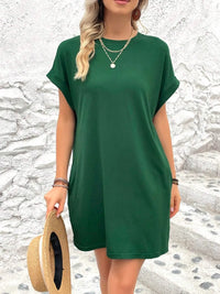 Round Neck Short Sleeve Mini Dress Dark Green