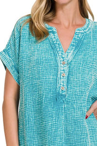 Zenana Washed Double Gauze 3/4 Button Henley Neck Shirt
