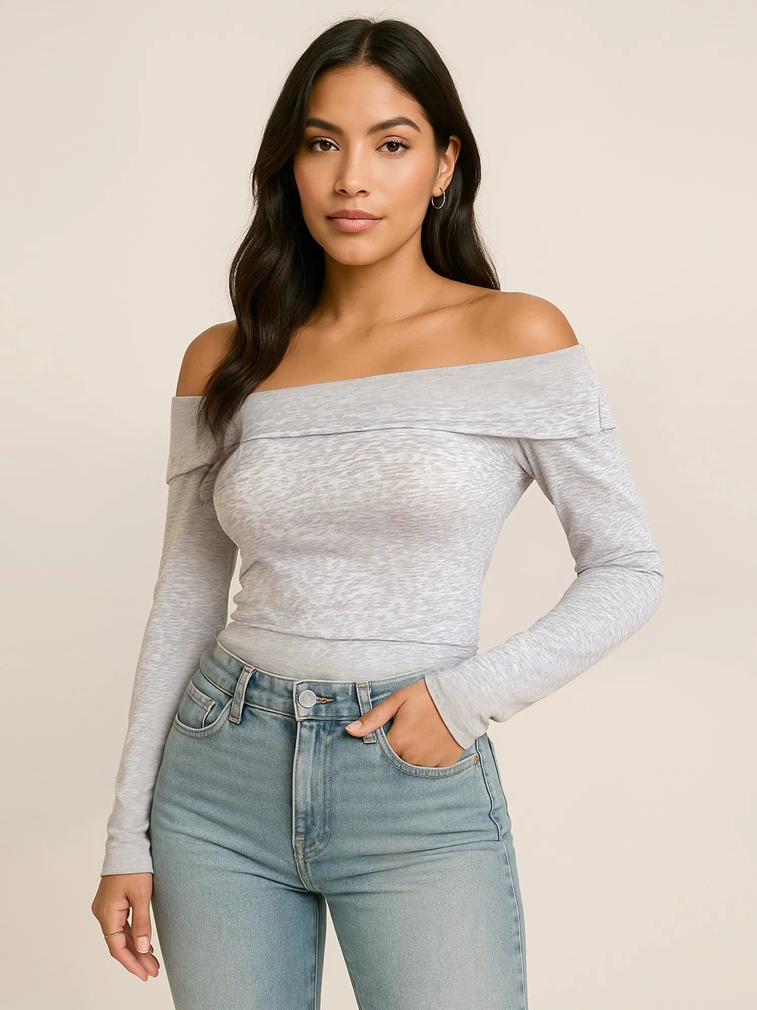Off-Shoulder Long Sleeve Fitted T-Shirt