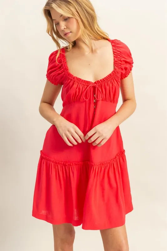 HYFVE Ruched Frill Tiered Mini Dress with Short Sleeves - Stylish Viscose Casual Wear