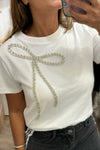 Rhinestone Bow Round Neck Short Sleeve T-Shirt White