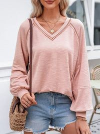 Exposed Seam Ribbed Knit V Neck Top