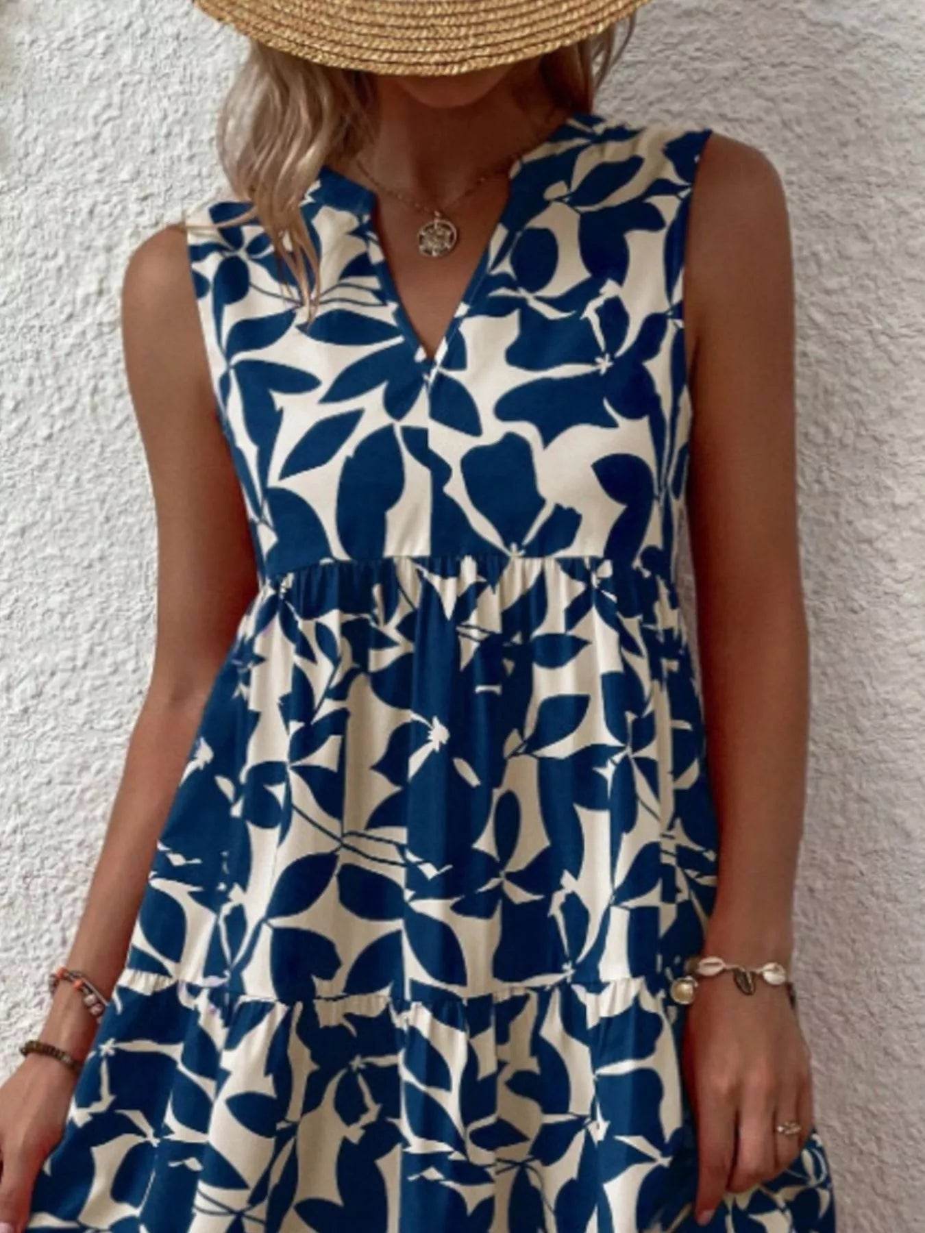 Full Size Printed Notched Sleeveless Mini Dress Plus Size - Store 42