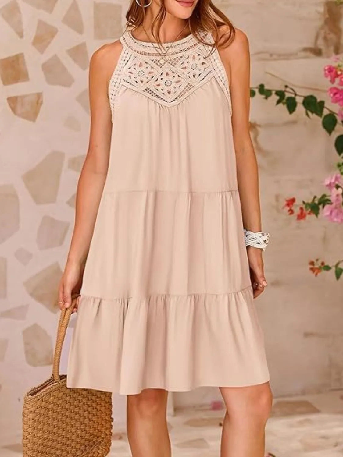 Ruffled Hem Lace Sleeveless Dress Tan