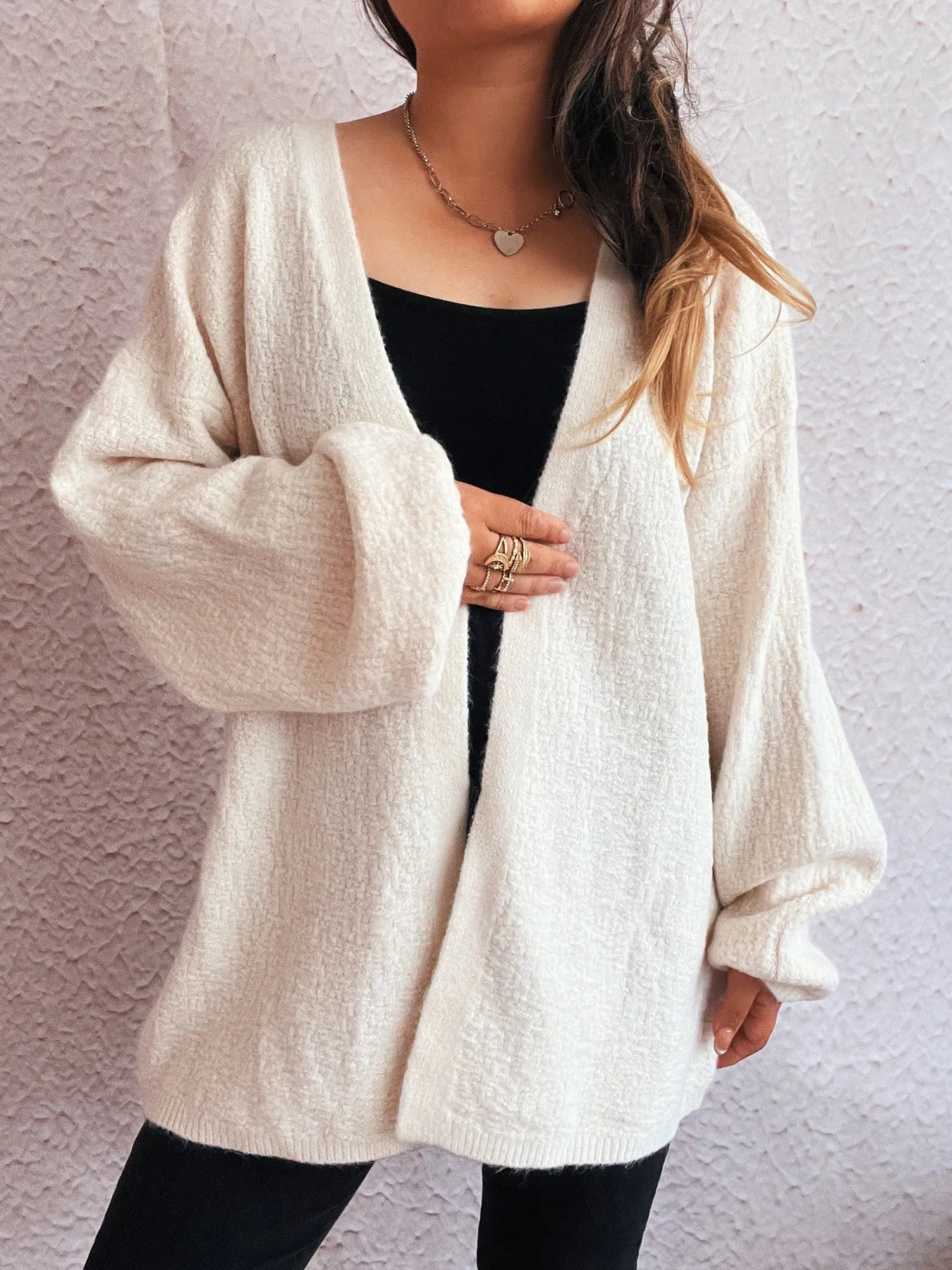 Chic Open Front Long Sleeve Cardigan - 100% Polyester, Slightly stretchy, Versatile Basic Style