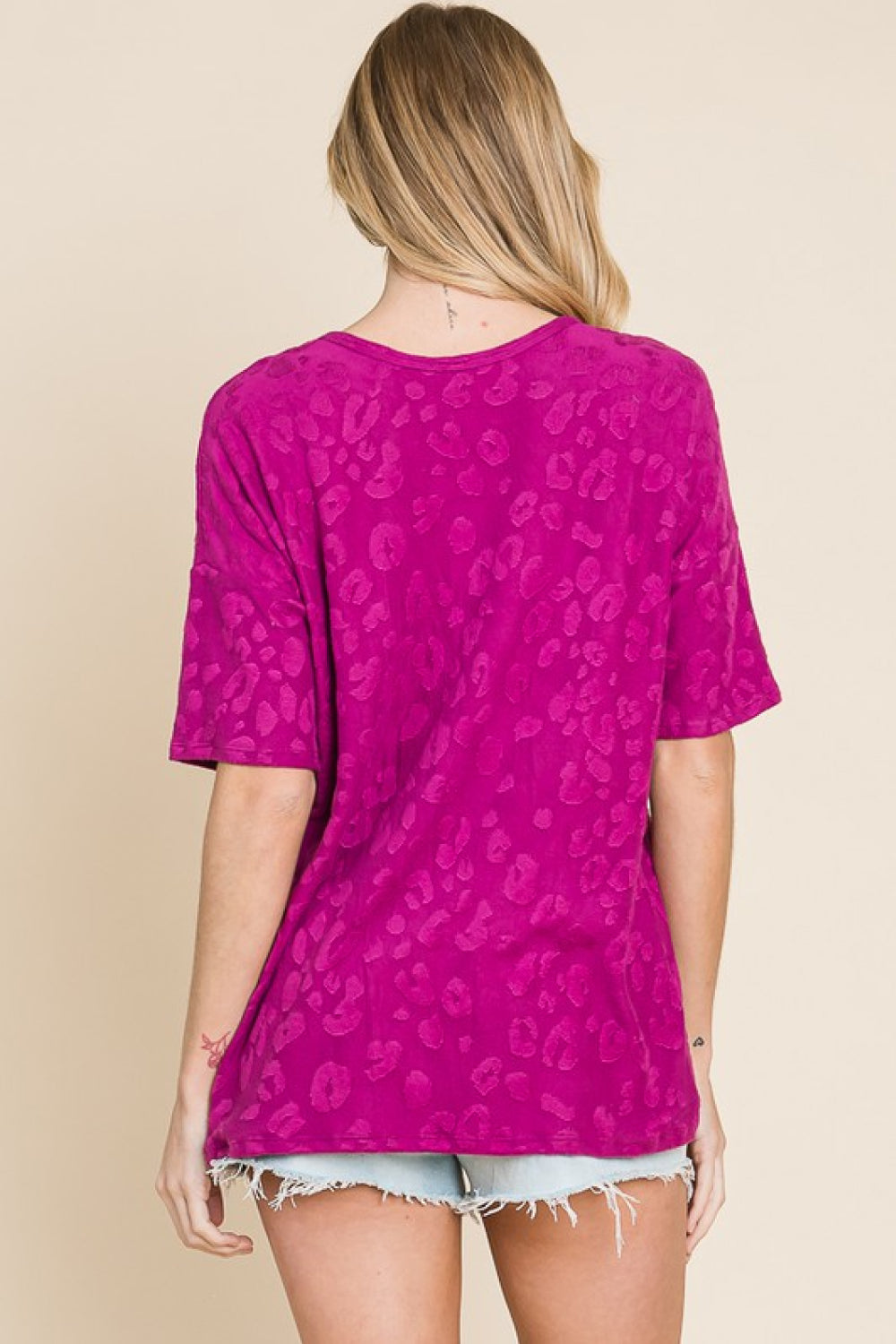 BOMBOM Chic Magenta Animal Textured Top with Button Details and Half Sleeves