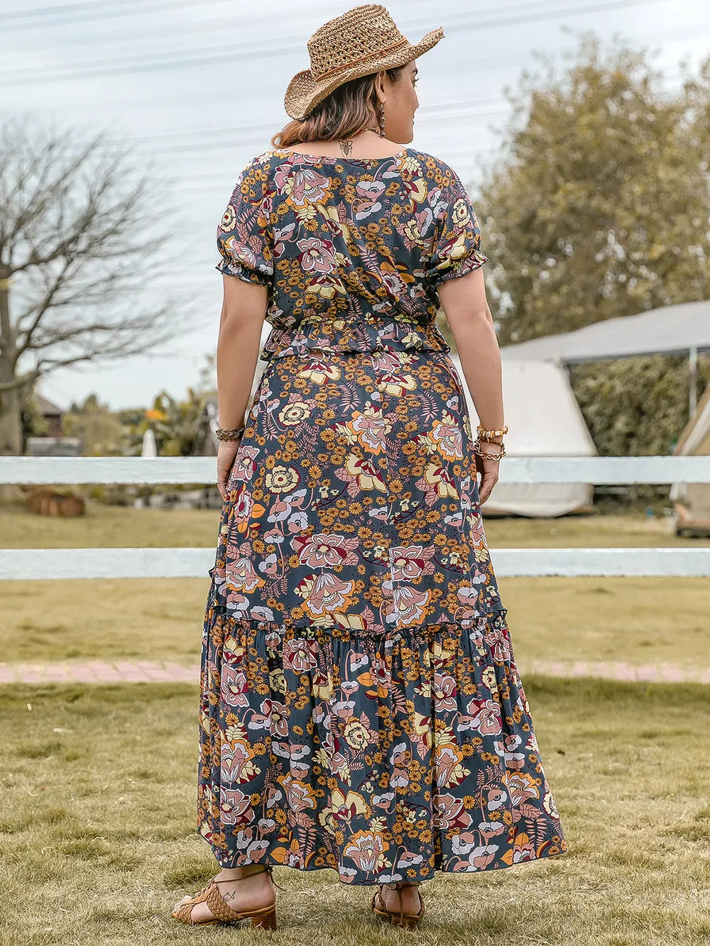 Plus Size 2-Piece Tie Neck Short Sleeve Top & High-Low Skirt Set - Trendy Viscose Style
