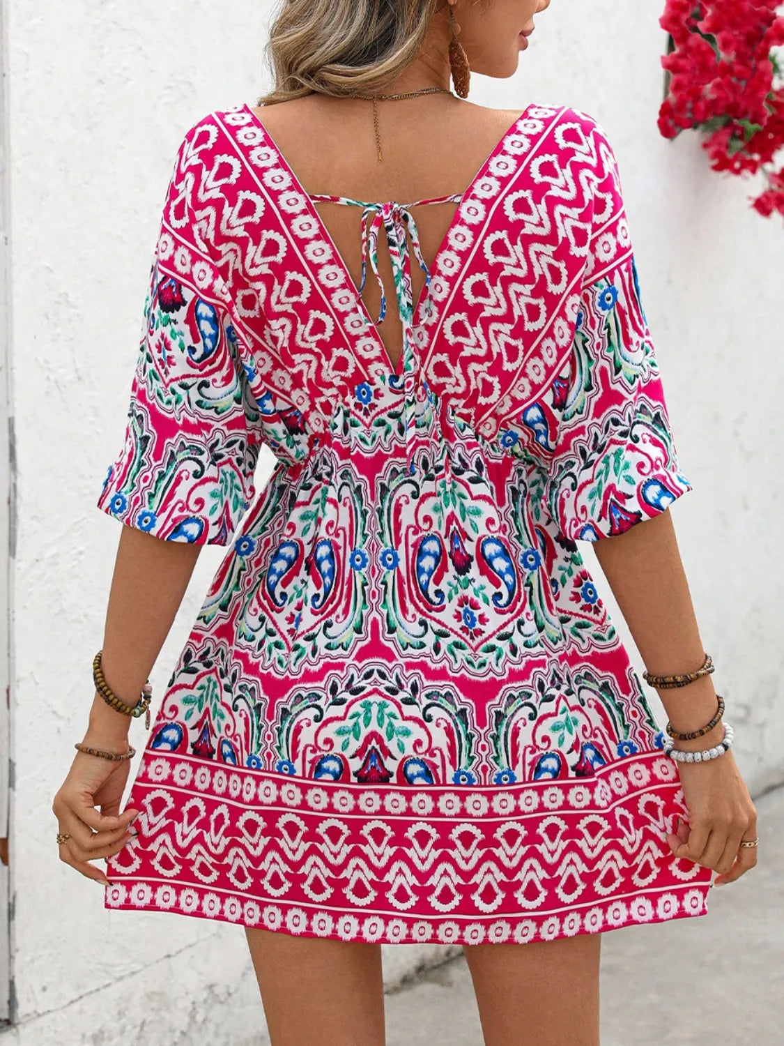 Chic Printed Tie-Back Half Sleeve Mini Dress – 100% Polyester, Machine Washable, Stylish Fit