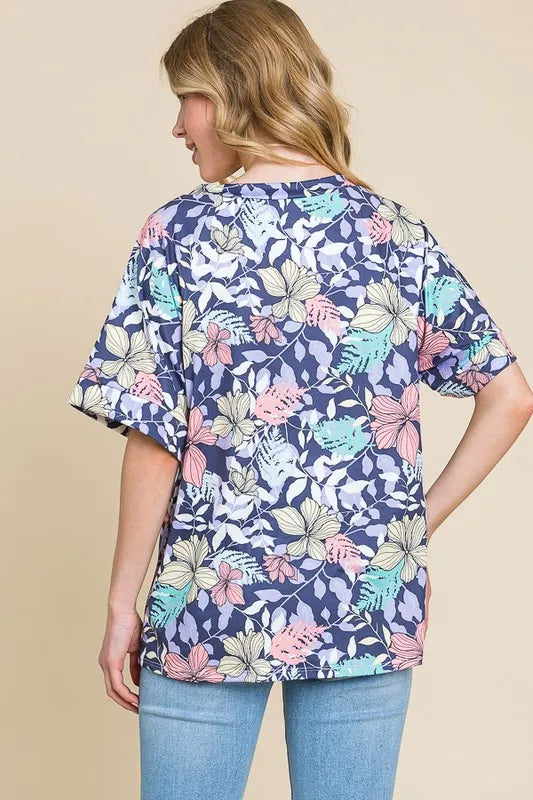 BOMBOM Floral Print Oversized Round Neck Short Sleeve T-Shirt - Chic Casual Style