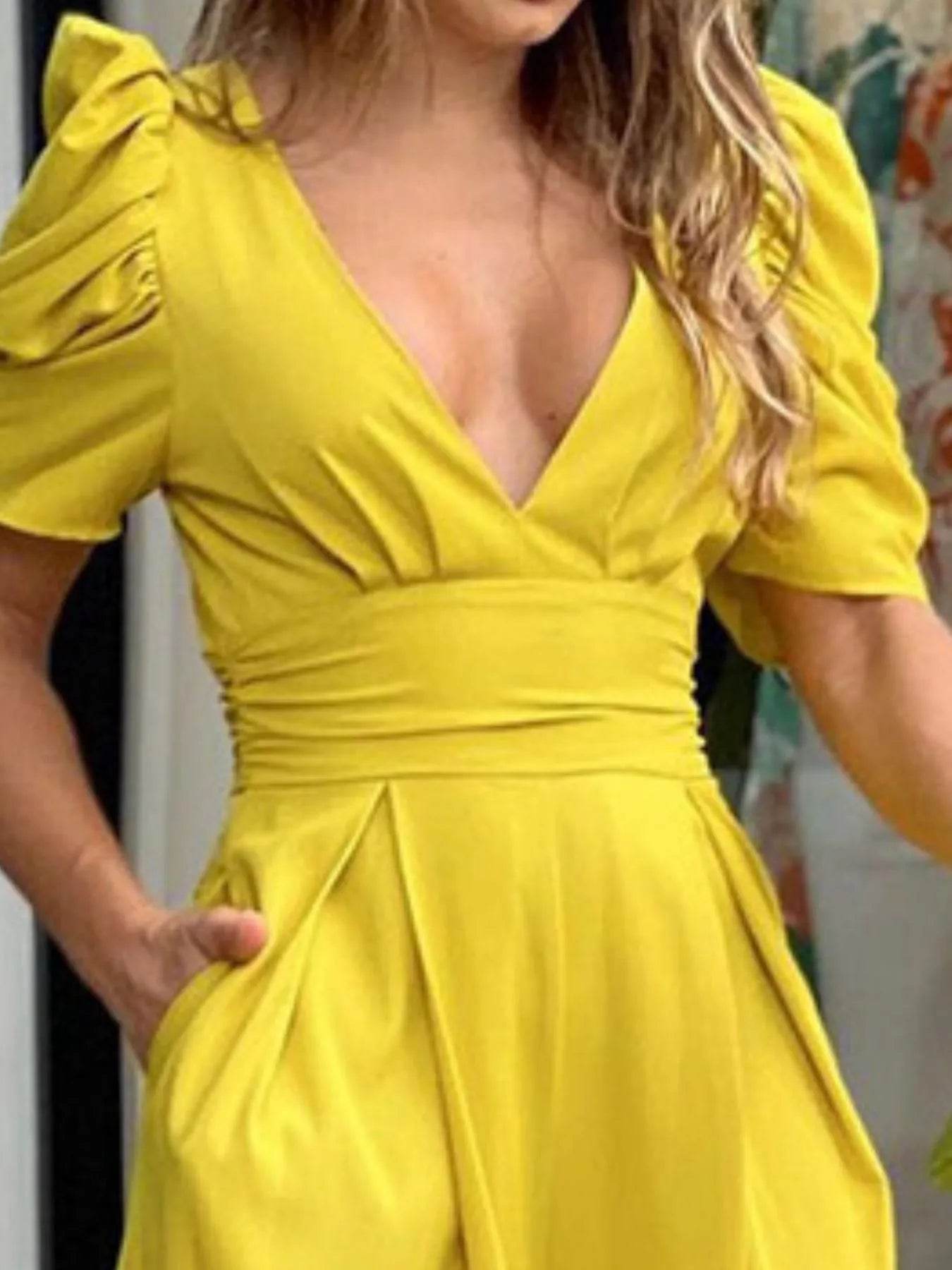 Full Size Cutout V-Neck Puff Sleeve Jumpsuit Plus Size - Store 42