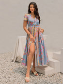 Smocked Floral V-Neck Short Sleeve Midi Dress
