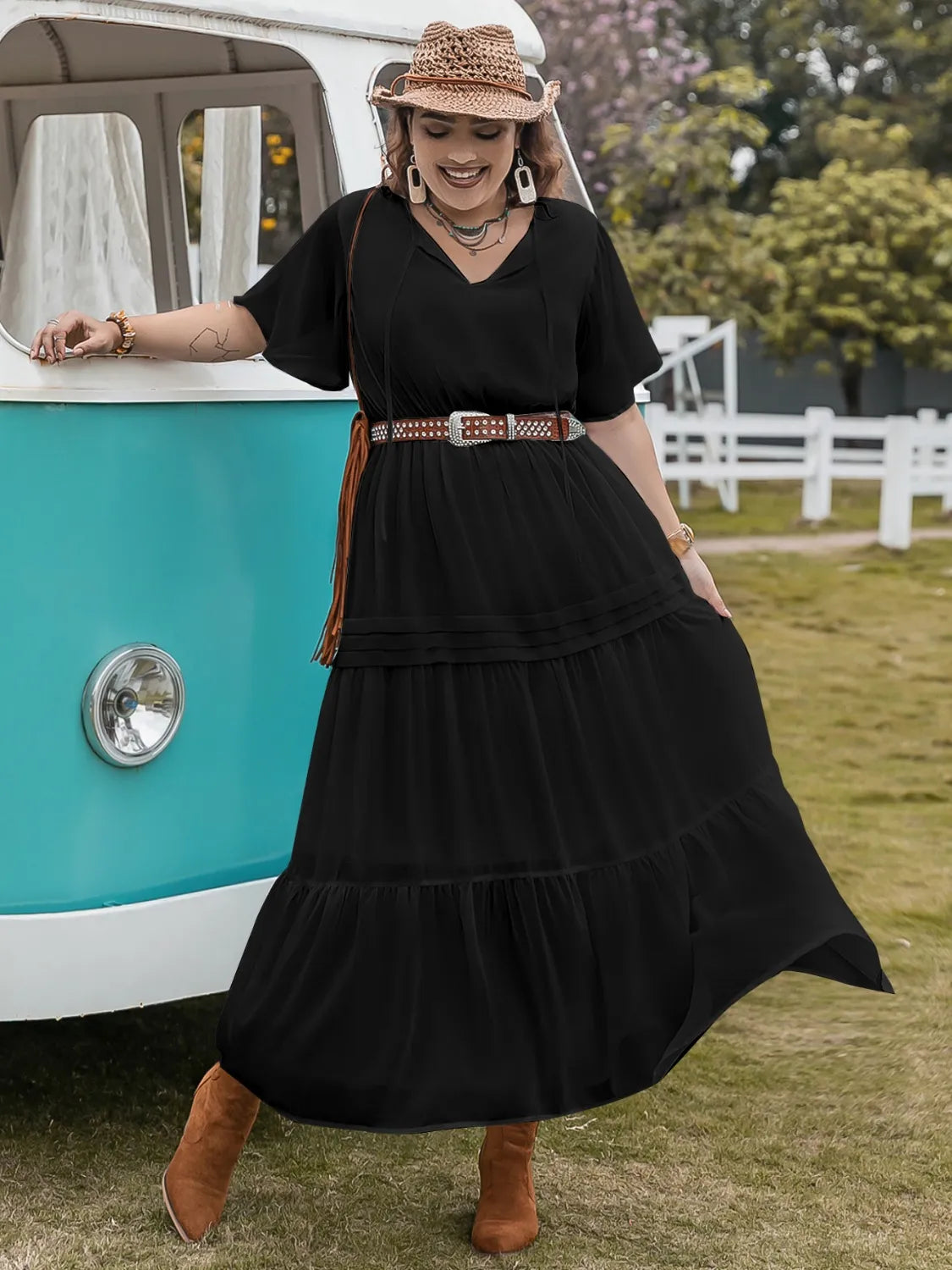 Plus Size Tie Neck Flutter Sleeve Dress Black