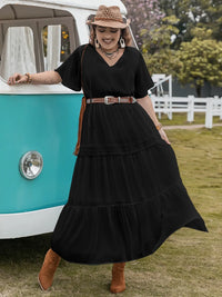 Plus Size Tie Neck Flutter Sleeve Dress Black
