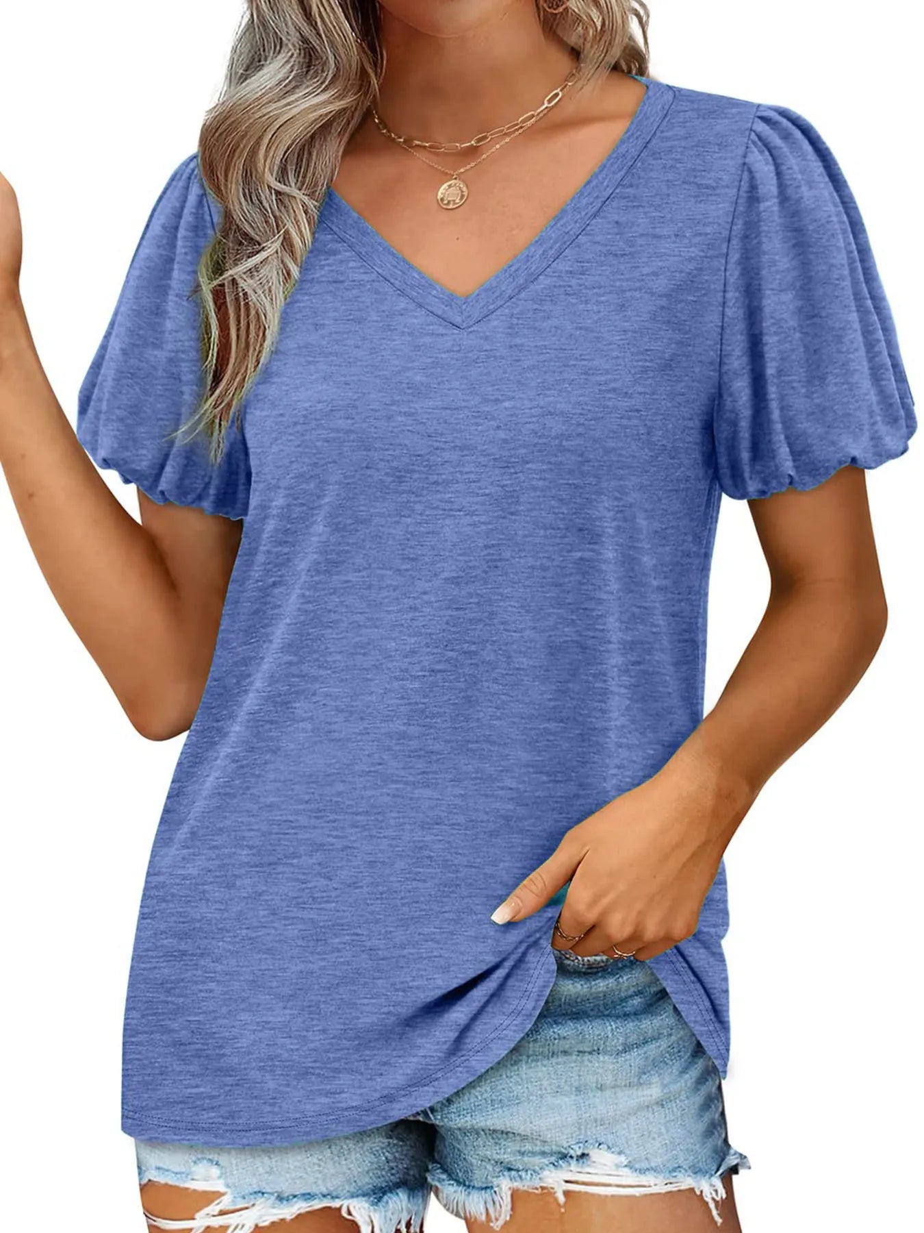 V-Neck Puff Sleeve T-Shirt - Casual & Comfy Stretchy Top for Stylish Everyday Wear