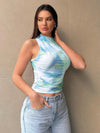 Printed Mock Neck Ruched Tank Blue Green