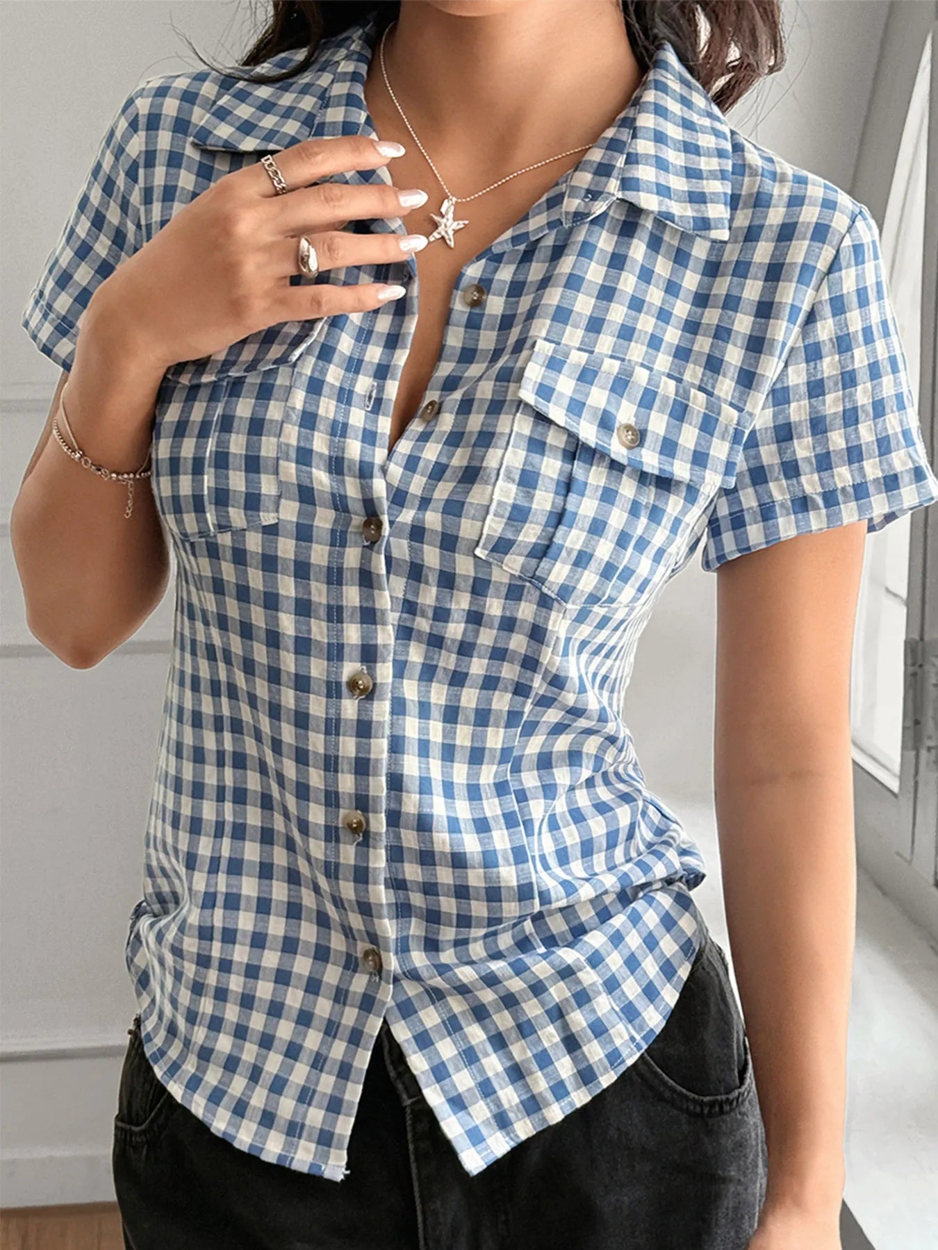 Trendsi Gingham Check Short Sleeve Button-Up Shirt for Men, Stylish Pocketed Design, 60% Viscose