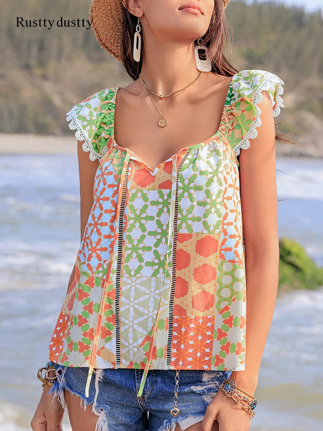 Lace Detail Tie Neck Cap Sleeve Blouse in Floral Print - Elegant Polyester Top
