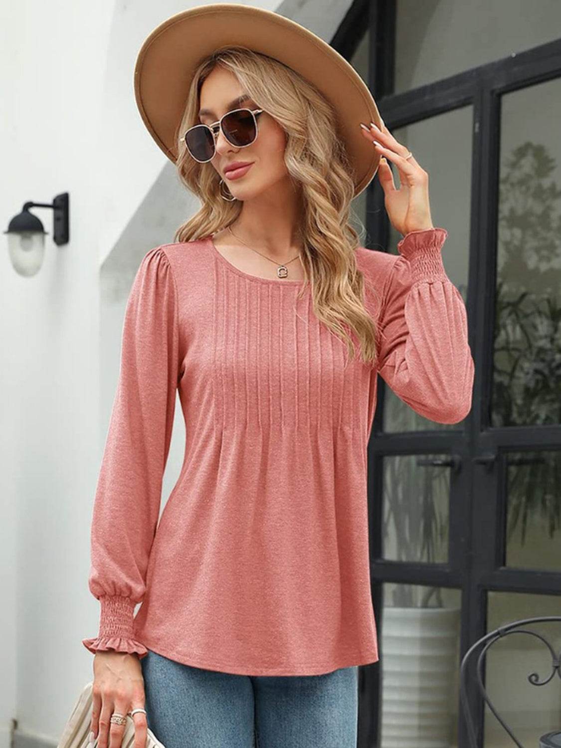 Stylish Smocked Round Neck Blouse With Lantern Sleeves - Opaque 65% Rayon, 35% Polyester - Store 42