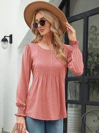 Stylish Smocked Round Neck Blouse With Lantern Sleeves - Opaque 65% Rayon, 35% Polyester - Store 42