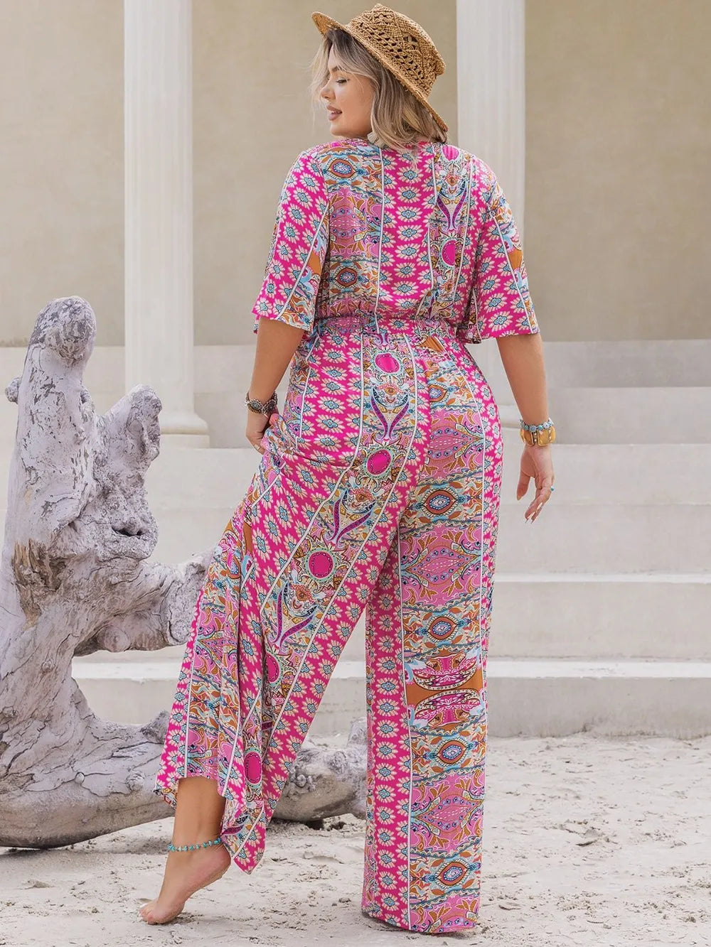 Stylish Plus Size Printed Wide Leg Jumpsuit with Half Sleeves and Tie Detail