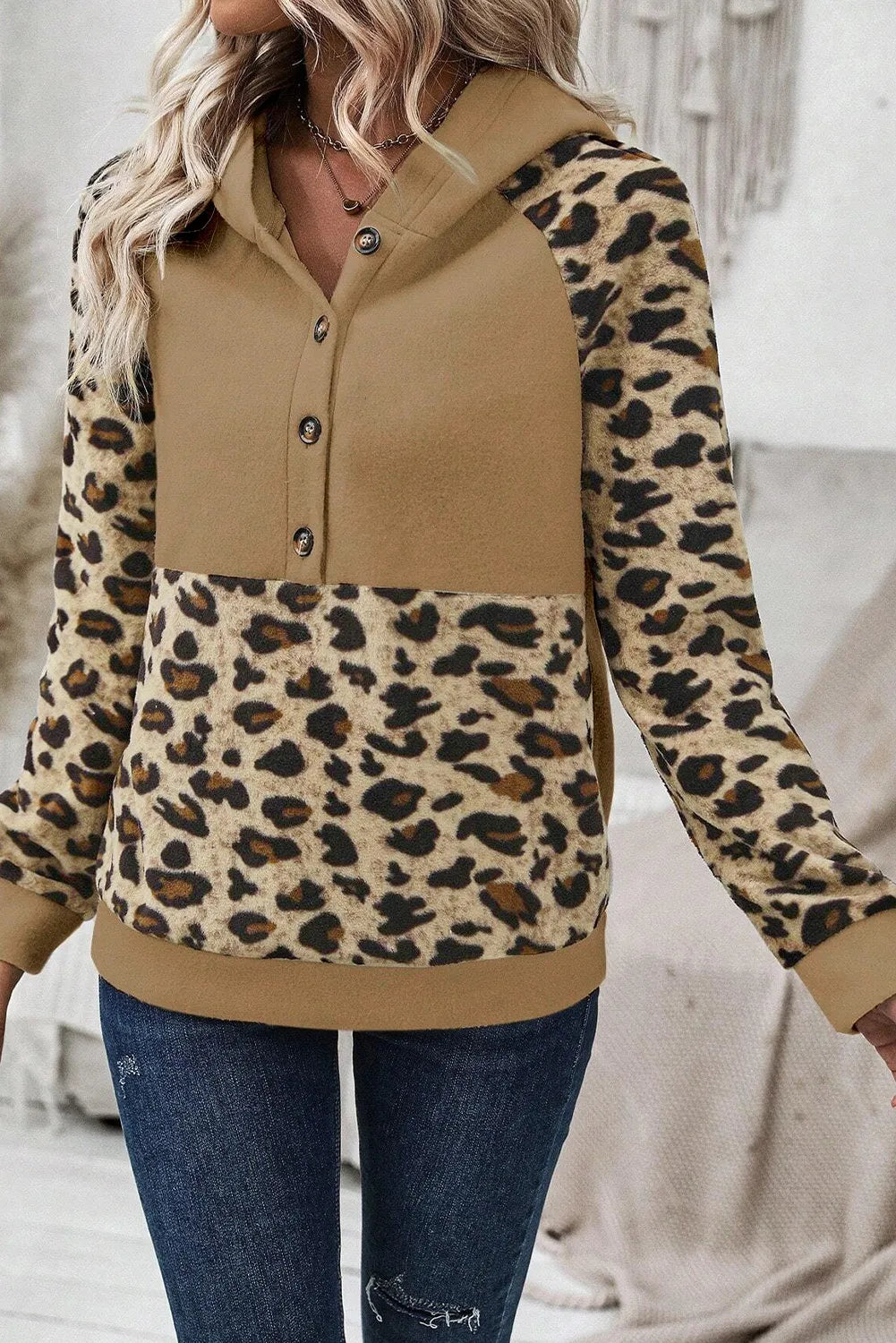 Trendy Leopard Pattern Half Button Long Sleeve Hoodie - Opaque, Slightly Stretchy Material