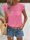 Elegant Eyelet Round Neck Cap Sleeve Top - 95% Polyester, No Stretch, Imported - Store 42