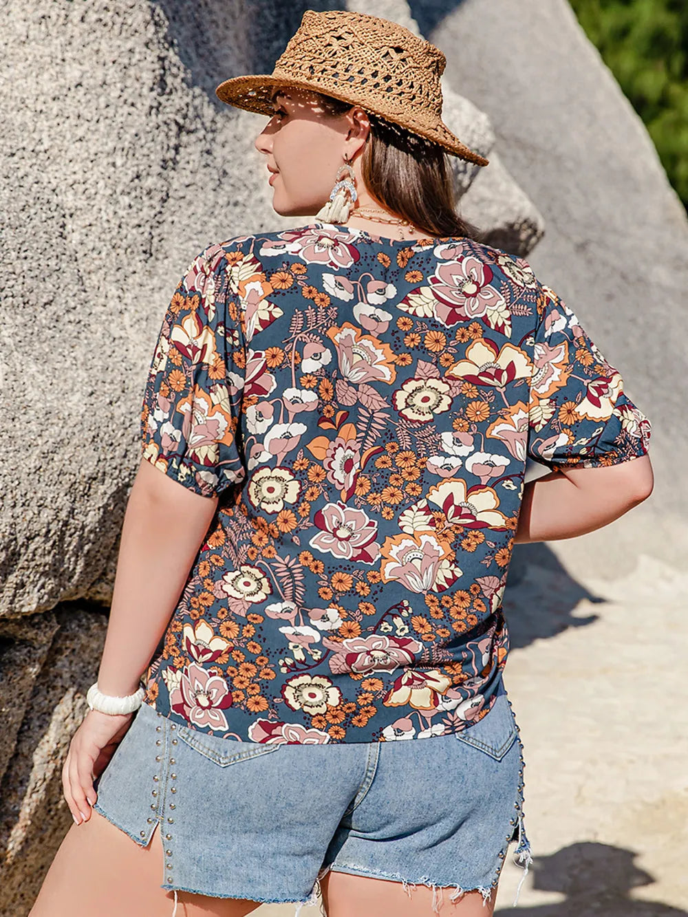 Plus Size Sheer Printed Blouse with Notched Half Sleeves - Viscose Casual Top