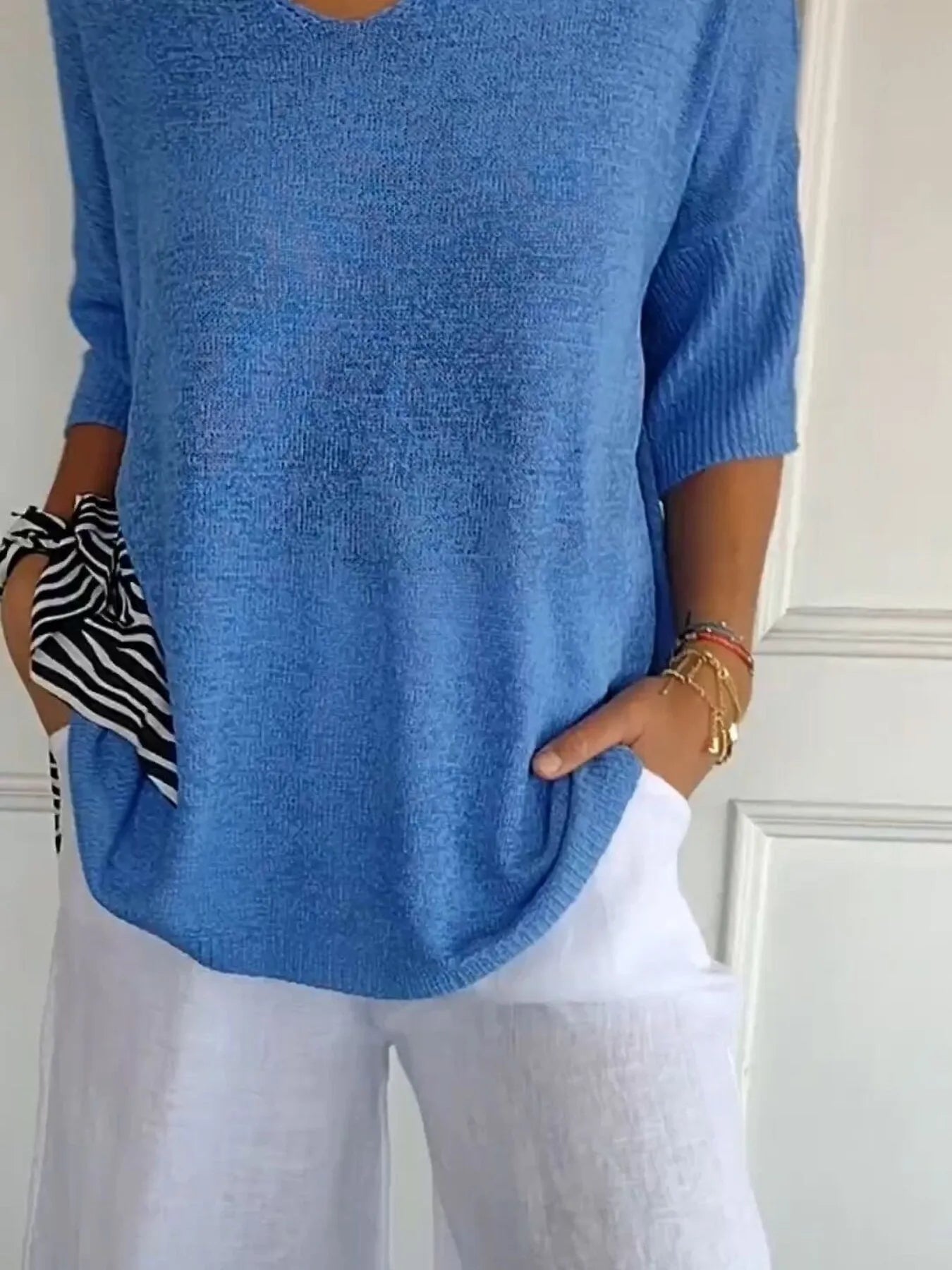 Full Size Relaxed Fit Ribbed Hem Sweater Plus Size Blue