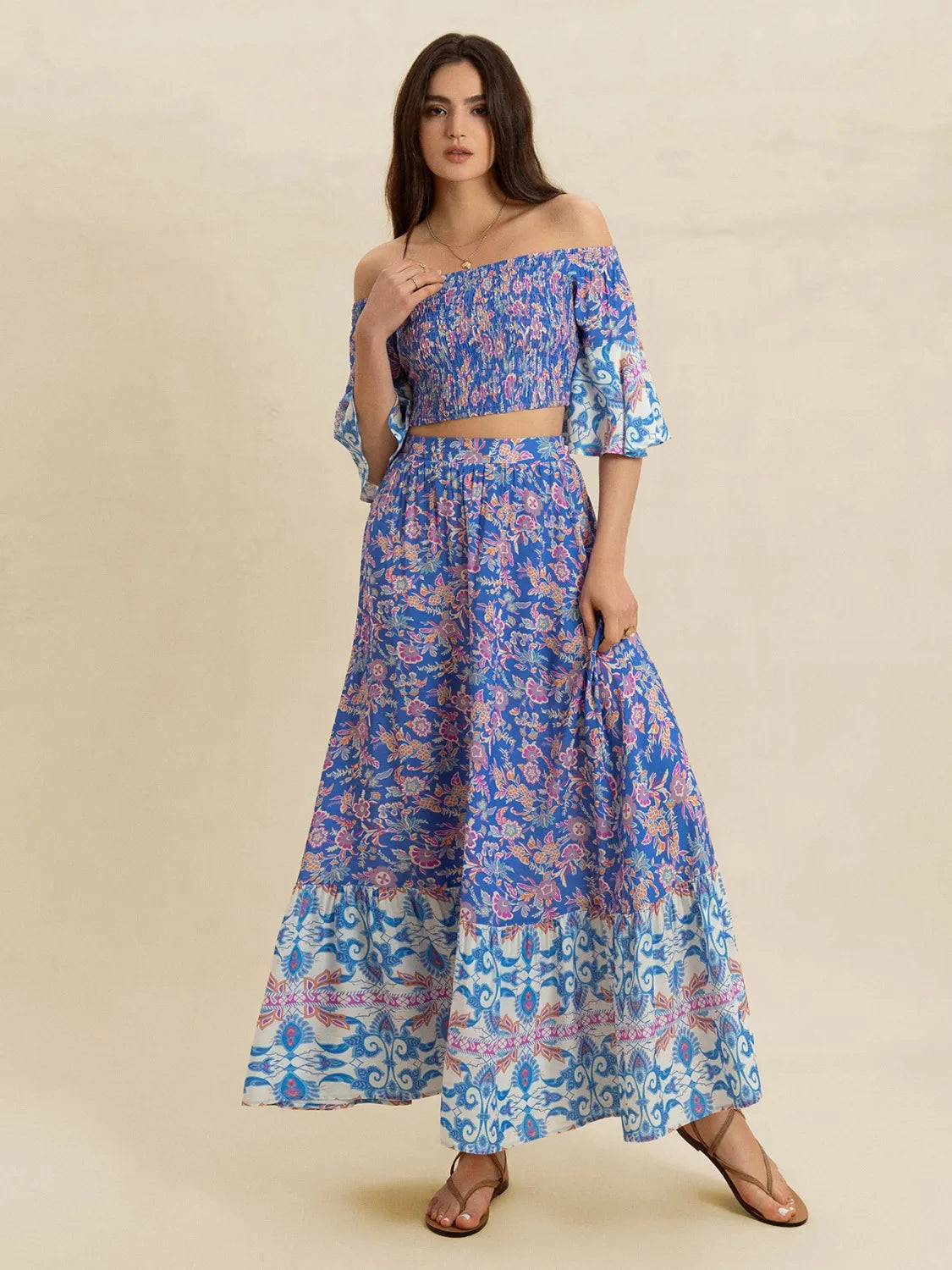 Women’s 2-Piece Smocked Off-Shoulder Printed Top and Skirt Set in 100% Viscose