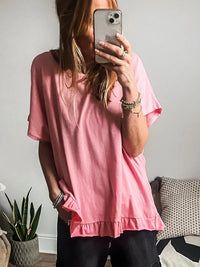 Ruffle Hem Round Neck Relaxed T-Shirt