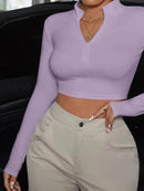 Trendy Half Zip Long Sleeve Crop T-Shirt - Slightly Stretchy Fabric, 95% Polyester, Stylish Fit - Store 42