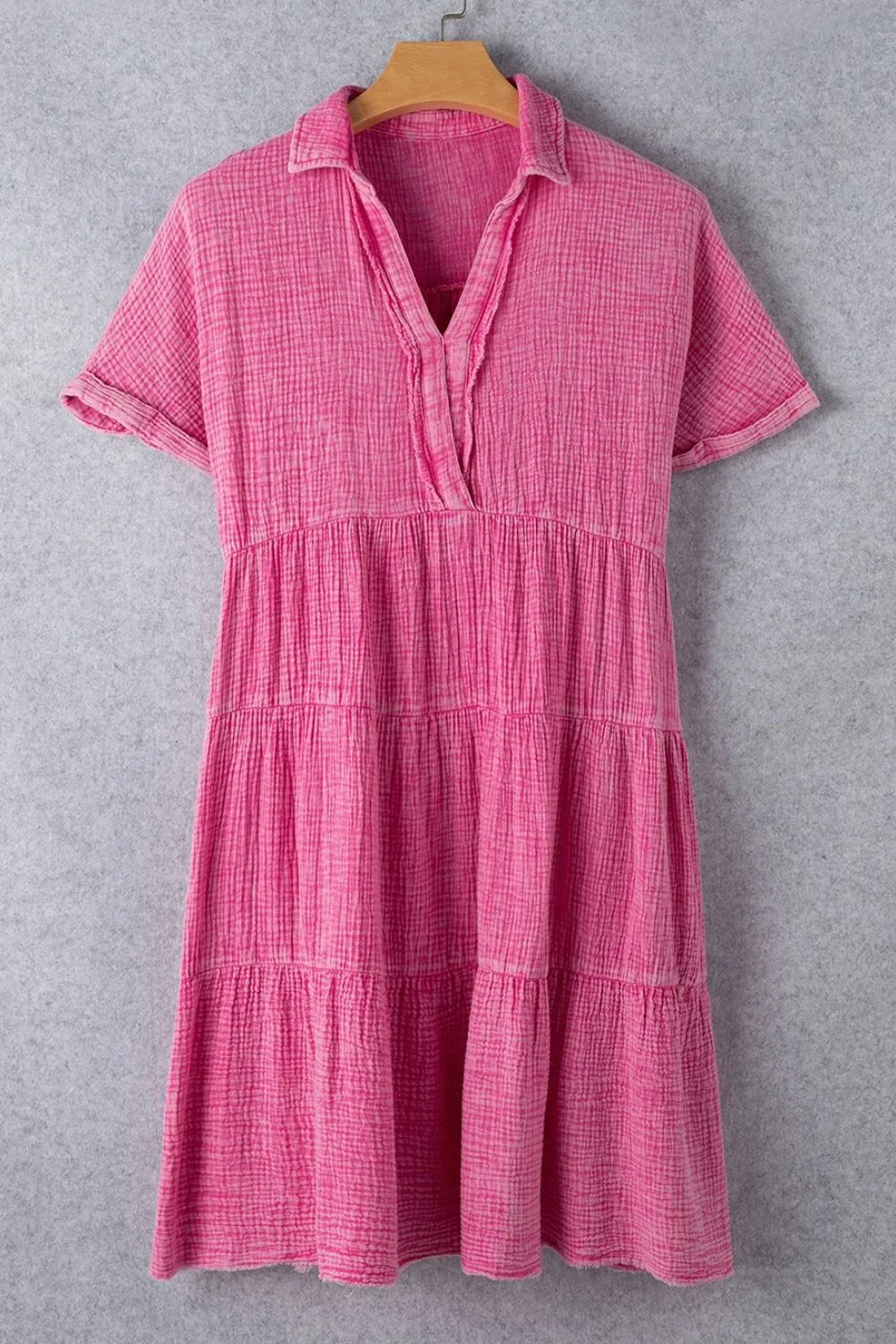 Mineral Wash Crinkle Split Neck Raw Hem Tiered Dress