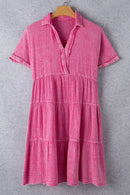 Mineral Wash Crinkle Split Neck Raw Hem Tiered Dress