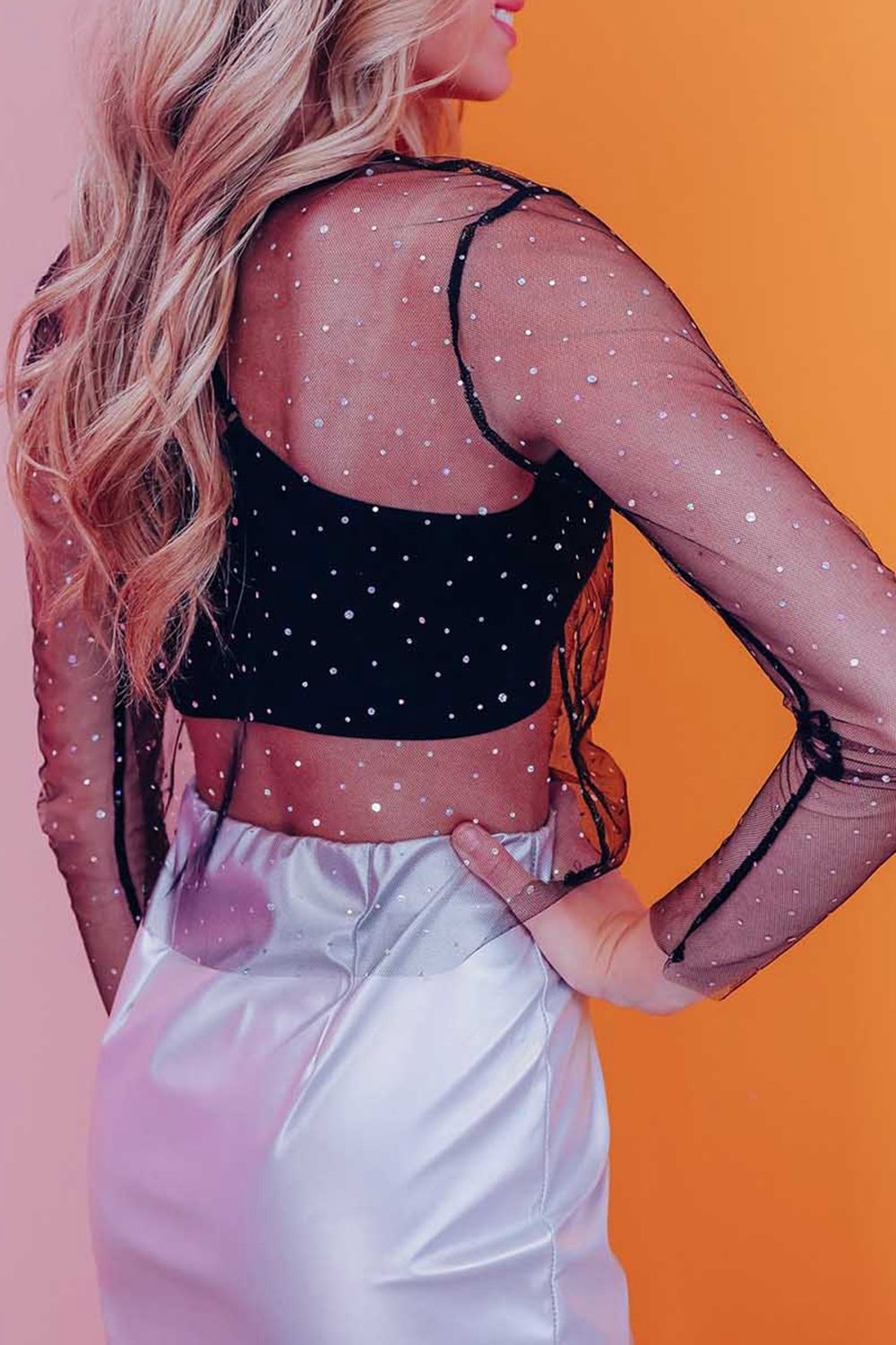 Sheer Rhinestone Mesh Long Sleeve Blouse with Scoop Neck - Sexy & Glitter Details