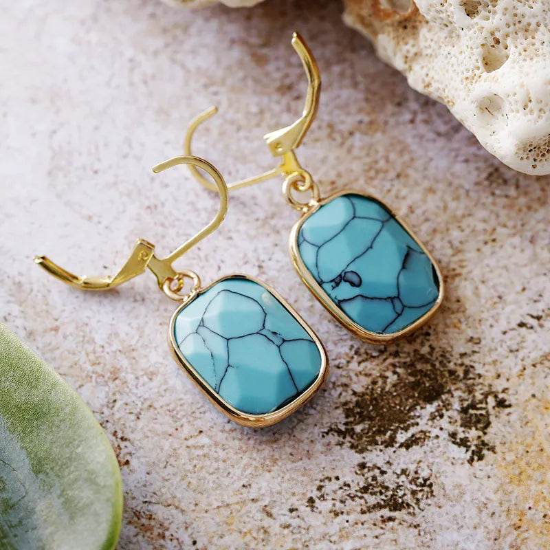 18K Gold-Plated Copper Dangle Earrings with Natural Stone - Elegant Boho Jewelry