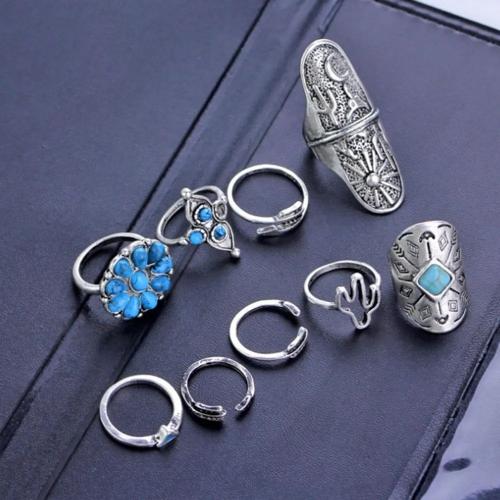 Stunning 9-Piece Alloy Turquoise Ring Set - Unique Stackable Jewelry Collection