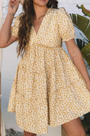 Floral Short Sleeve Surplice Frilly Tiered Mini Dress