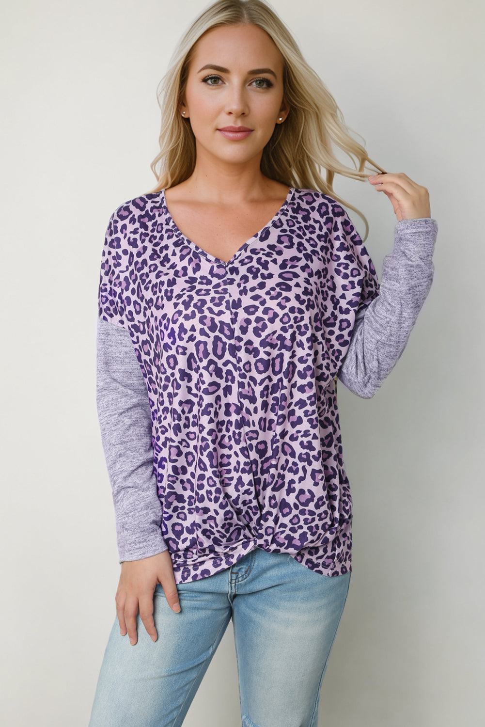 Sleek Leopard Print V-Neck Long Sleeve T-Shirt - Opaque Fabric, Slightly Stretchy, Trendy Style