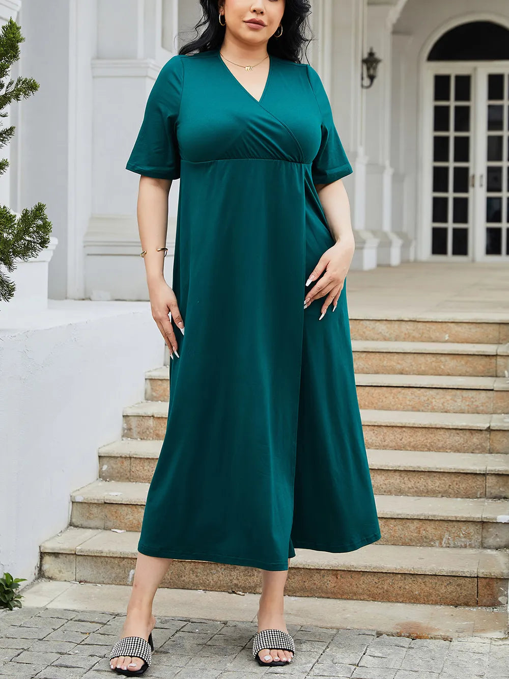 Plus Size Midi Dress with Slit and Surplice Design - Short Sleeve & Stretchy Comfort